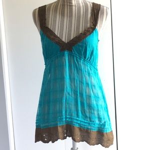Passport, Aqua with Brown trim sheer cotton top
